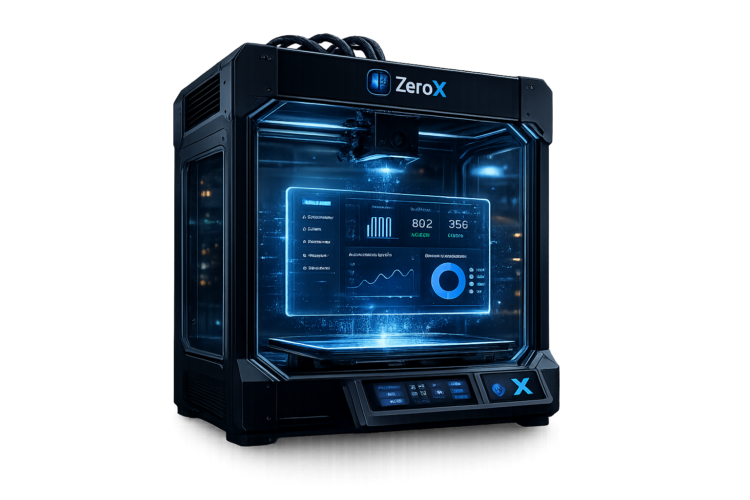 Impressora tecnológica Zero X materializando um sistema inteligente